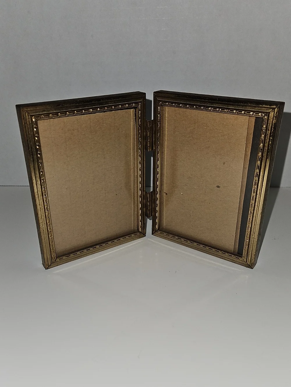 Vintage MCM Double Hinged Photo Frame in Antique Gold Finish